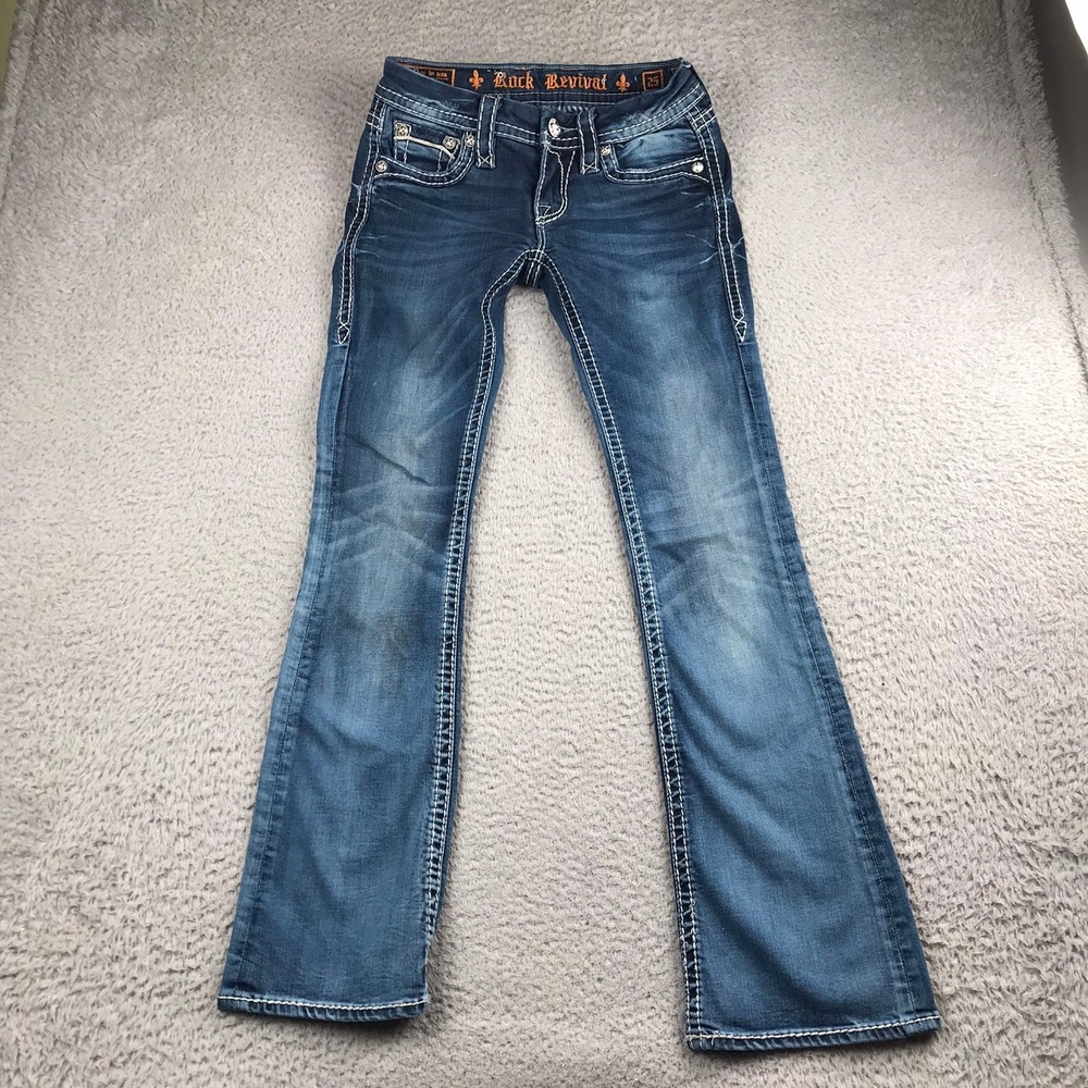 Rock Revival Etty Bootcut Jeans Women 25 (28x31) Blue Whiskers Denim Embellished